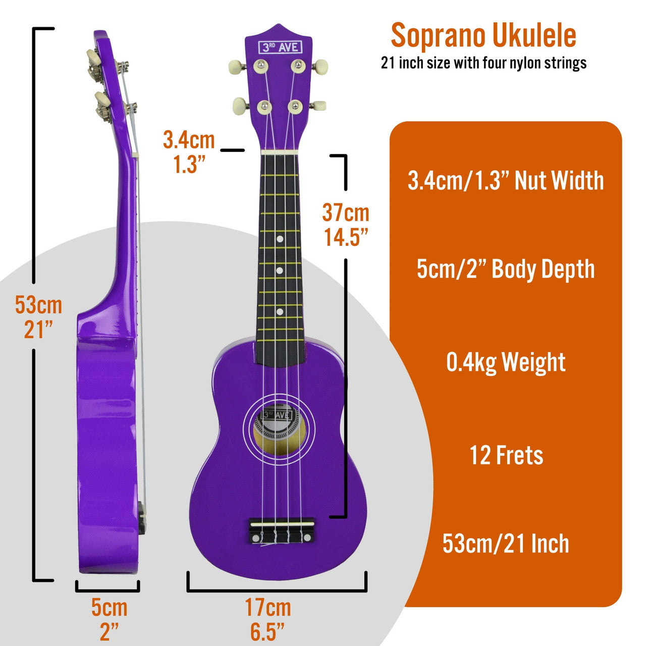 3RD AVENUE SOPRANO UKULELE -PURPLE