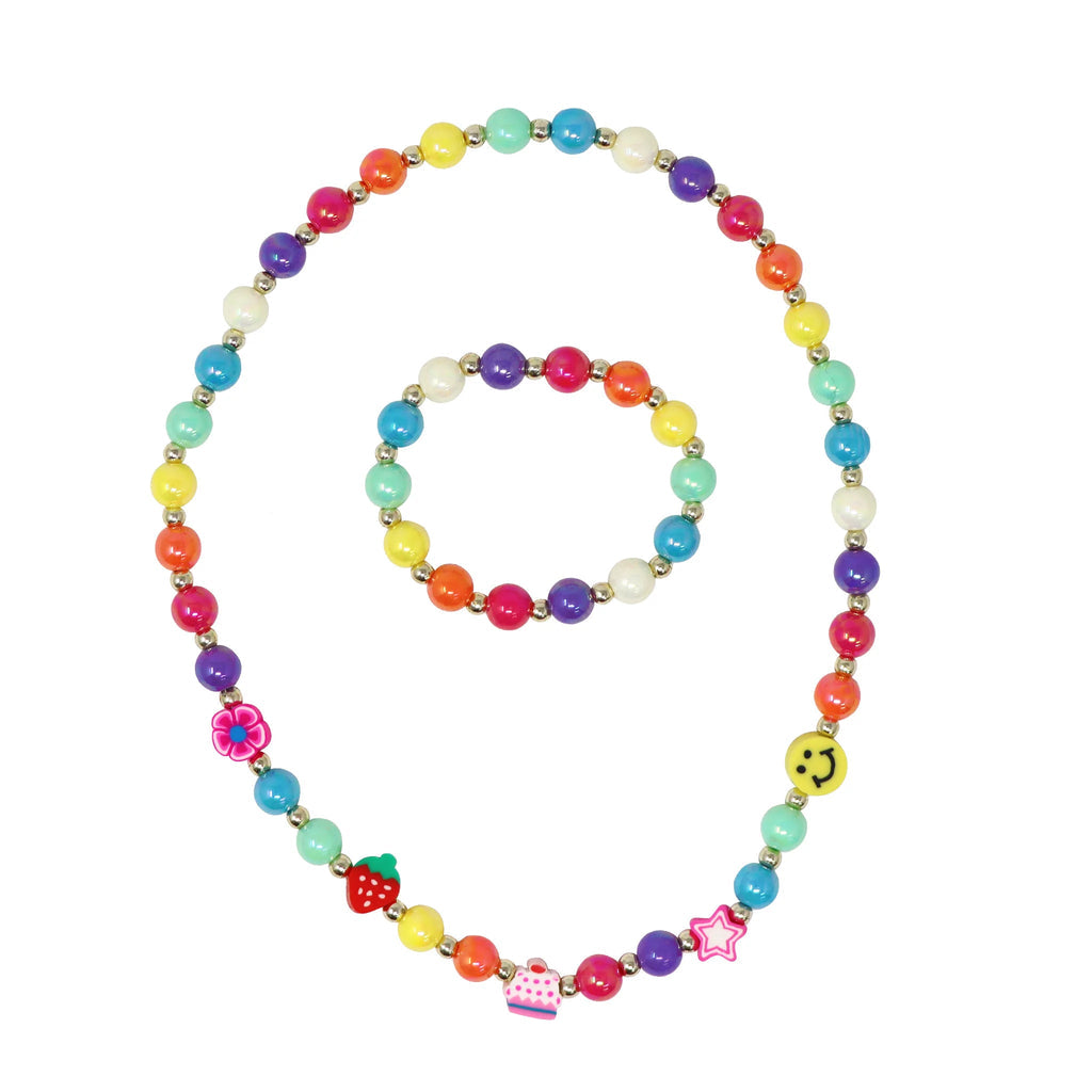 PINK POPPY-RAINBOW SMILEY FACE AND FRUIT NECKLACE & BRACELET SET