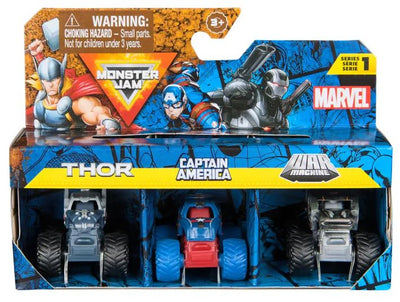 MONSTER JAM MINI MARVEL 3 PACK BUNDLE - THOR / CAPTAIN AMERICA / WAR MACHINE