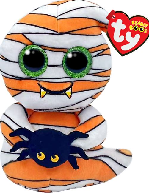 TY BEANIE BOO - HALLOWEEN - 'MUMFORD' STRIPEY GHOST WITH SPIDER REGULAR