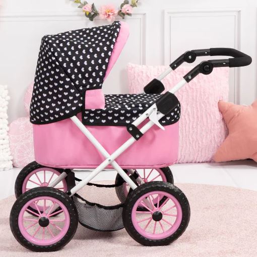 BAYER TRENDY DOLL PRAM PINK WITH BLACK HOOD & PINK BOW