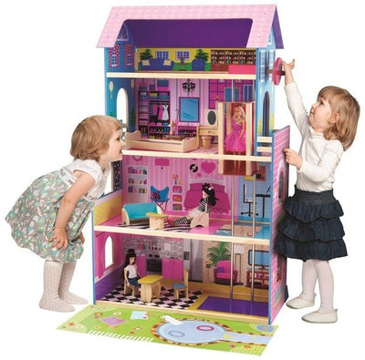 FIRST LEARNING WOODEN DOLLHOUSE WITH ELEVATOR & FURNITURE